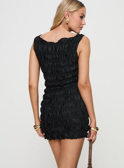 back view of model wearing Princess Polly Guccio Mini Dress Onyx Boat Neck 