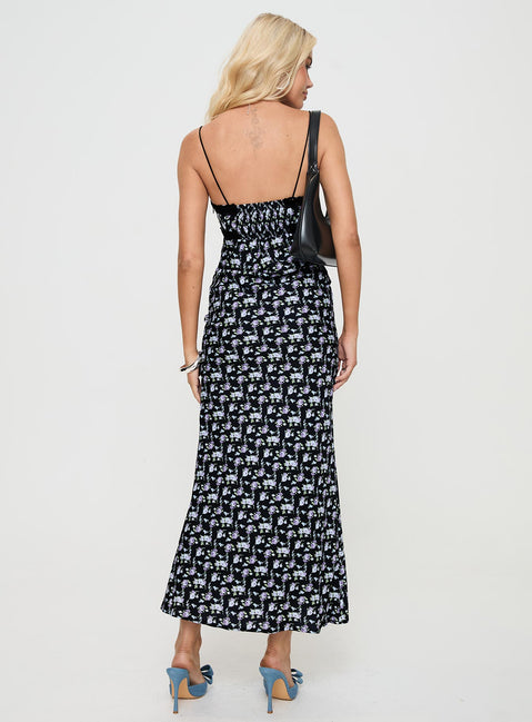 back view of model wearing Princess Polly Emily Maxi Dress Black / Floral Plunger 