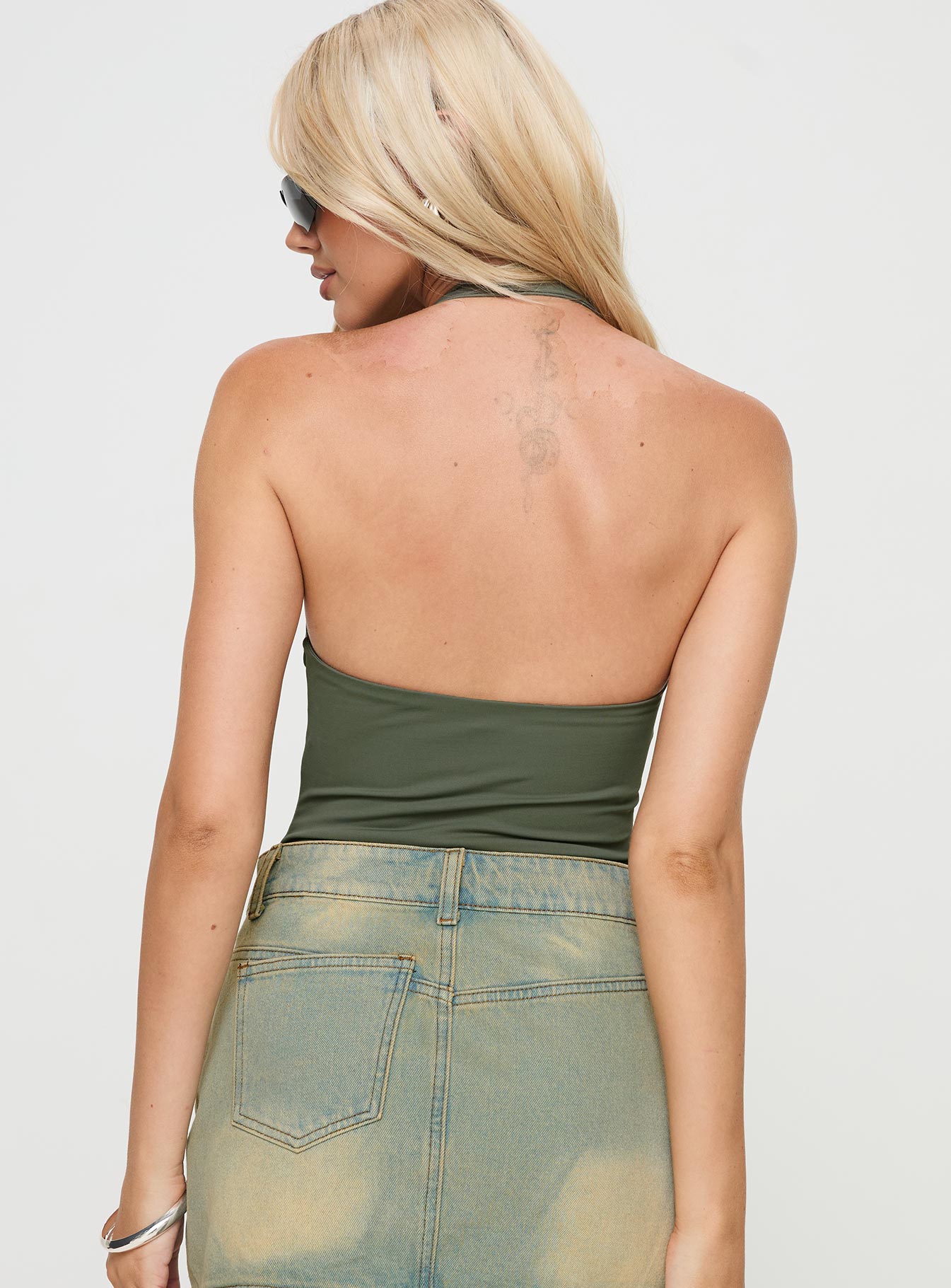back view of model wearing Princess Polly Abelie Bodysuit Green Sleeveless 