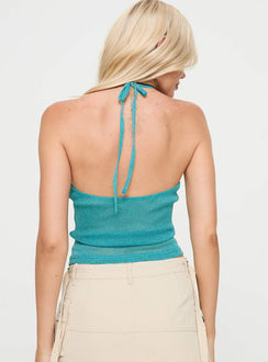 back view of model wearing Princess Polly Ezekiel Glitter Top Blue Sleeveless Square Neck 