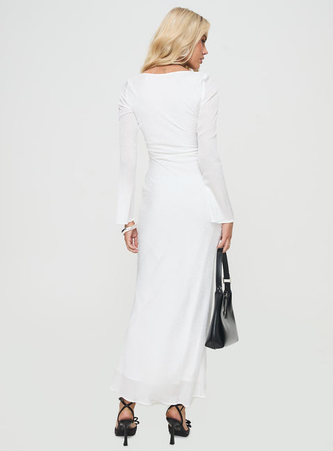 back view of model wearing Princess Polly Sorento Long Sleeve Bias Cut Maxi Dress White Scoop Neck 