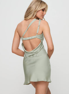 back view of model wearing Princess Polly Marziani Mini Dress Sage Asymmetric Neckline 