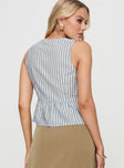 back view of model wearing Princess Polly Coney Island Top Blue Stripe Sleeveless Crew Neck 