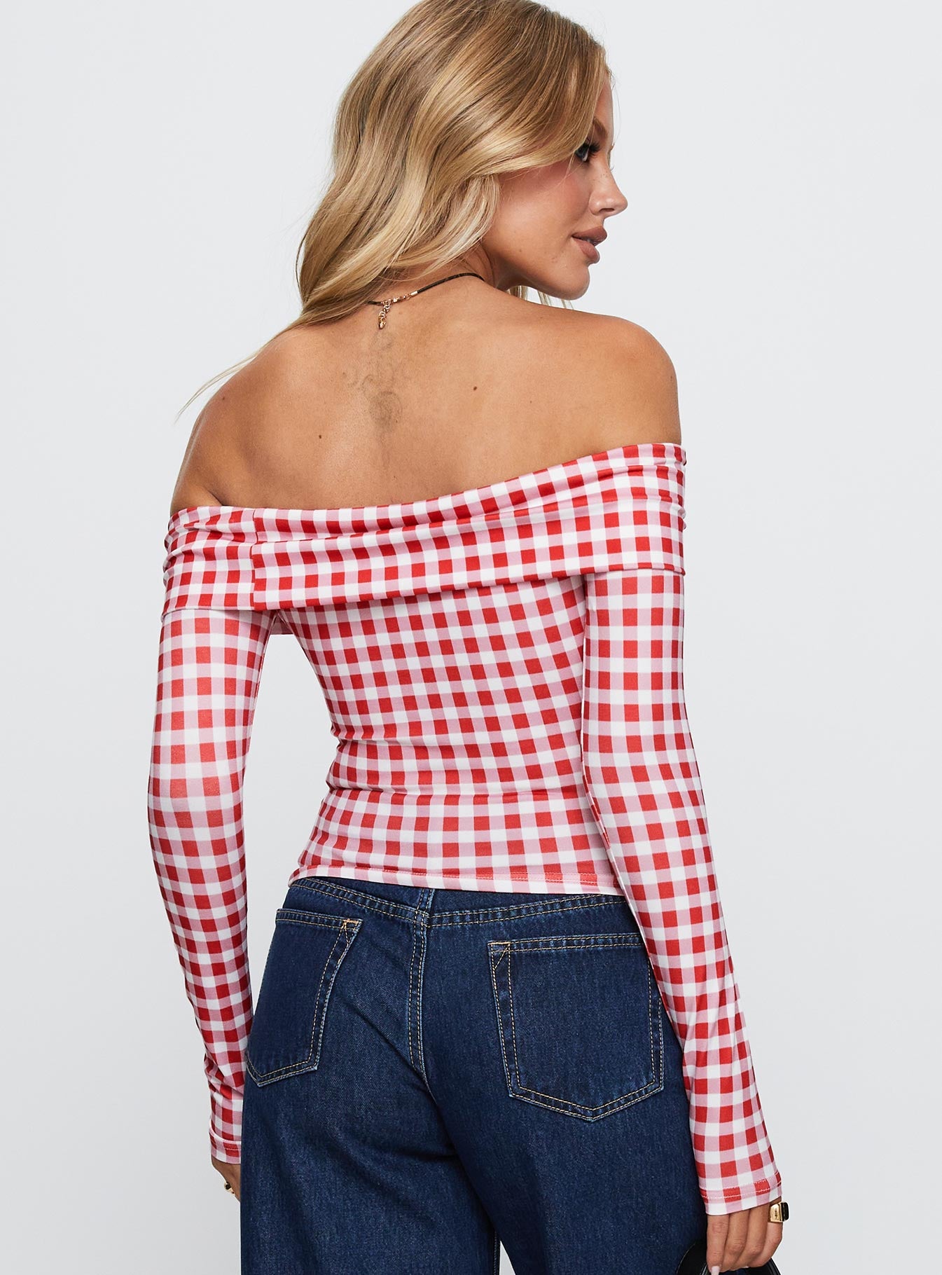 back view of model wearing Princess Polly Singular Off The Shoulder Long Sleeve Top Red Check Full Sleeves straight 