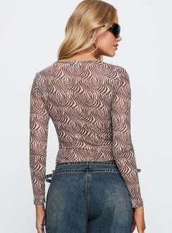 back view of model wearing Princess Polly Believe Me Long Sleeve Top Zebra Full Sleeves Boat Neck 