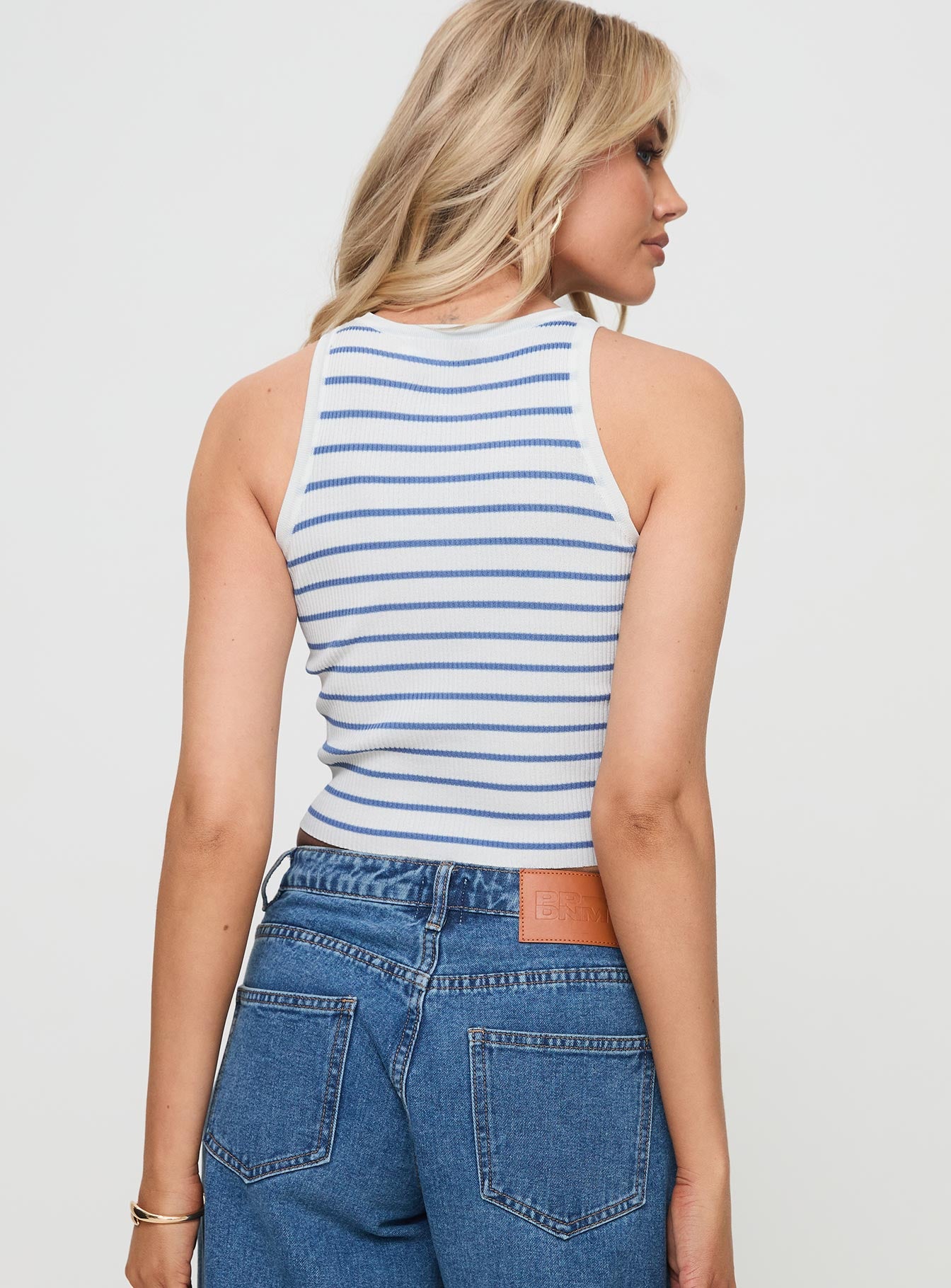 back view of model wearing Princess Polly Dupuis Top White / Blue Sleeveless Crew Neck 