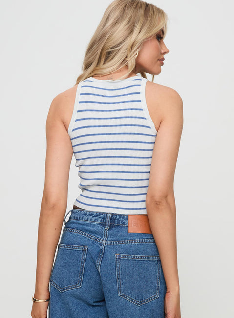 back view of model wearing Princess Polly Dupuis Top White / Blue Sleeveless Crew Neck 