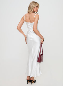 back view of model wearing Princess Polly Kenzie Maxi Dress White Sweetheart Neckline 