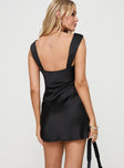 back view of model wearing Princess Polly Radioactive Bias Cut Mini Black Dress Square Neck 