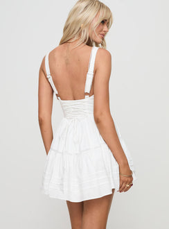 back view of model wearing Princess Polly Cuppa Mini Dress White Sweetheart Neckline 