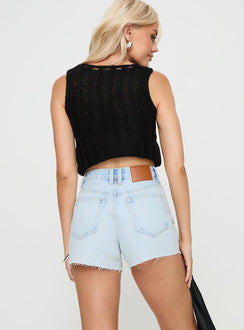 back view of model wearing Princess Polly Get It Right Mid Rise Denim Shorts Light Wash High Waisted Shorts 