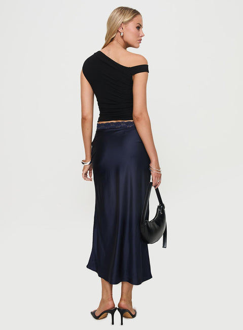back view of model wearing Princess Polly The Charmaine Maxi Skirt Navy Midi Skirts 