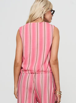 back view of model wearing Princess Polly Gentle Vest Top Pink Sleeveless Plunger 