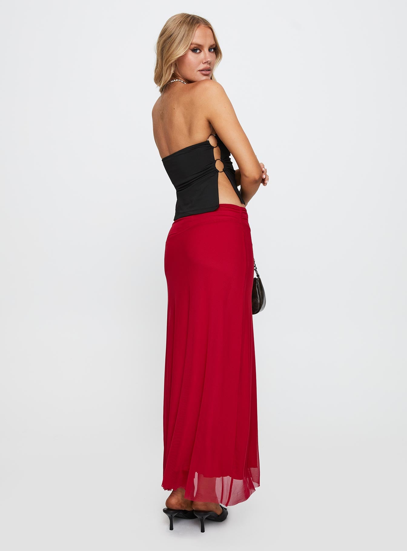 back view of model wearing Princess Polly Quancita Mesh Maxi Skirt Red Maxi 