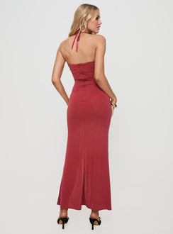 back view of model wearing Princess Polly Destinations Maxi Dress Red Plunger 