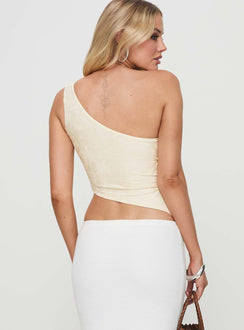 back view of model wearing Princess Polly Toomba One Shoulder Top Ivory Sleeveless Asymmetric Neckline 