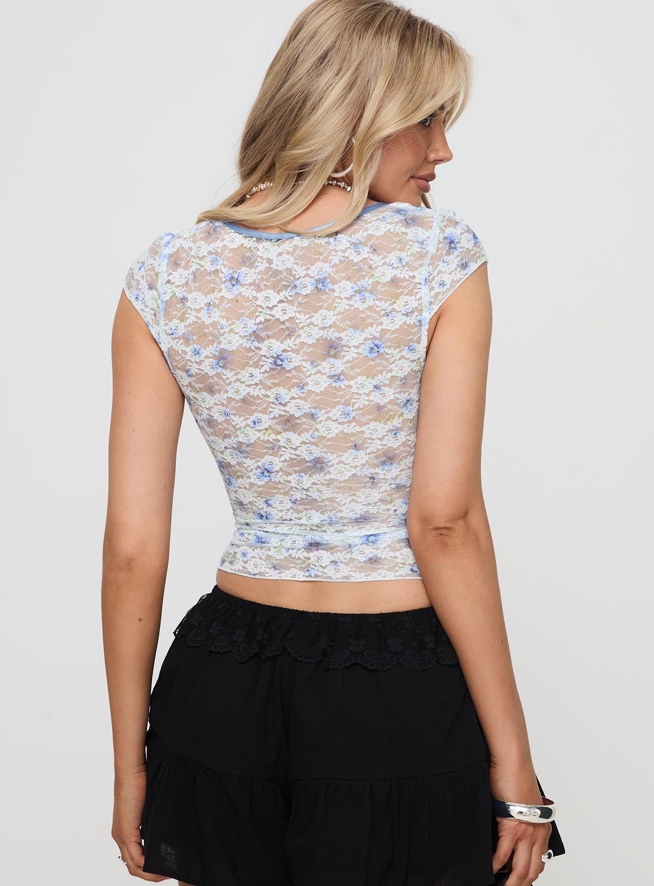 back view of model wearing Princess Polly Ocotillo Top White Short Sleeves Plunger 