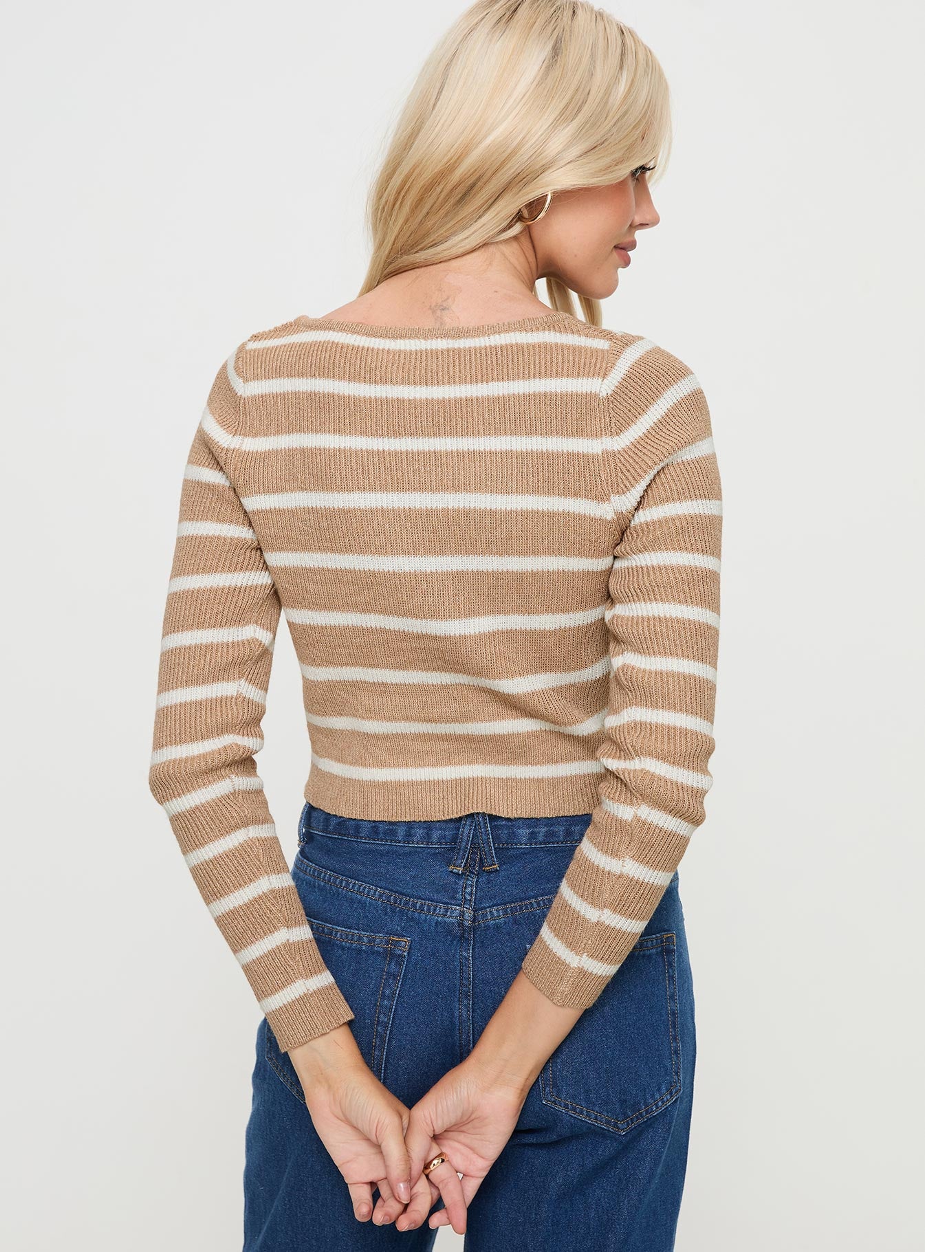 back view of model wearing Princess Polly Devis Long Sleeve Top Beige / White Full Sleeves V-Neck 