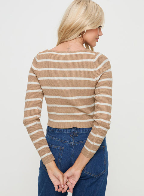 back view of model wearing Princess Polly Devis Long Sleeve Top Beige / White Full Sleeves V-Neck 