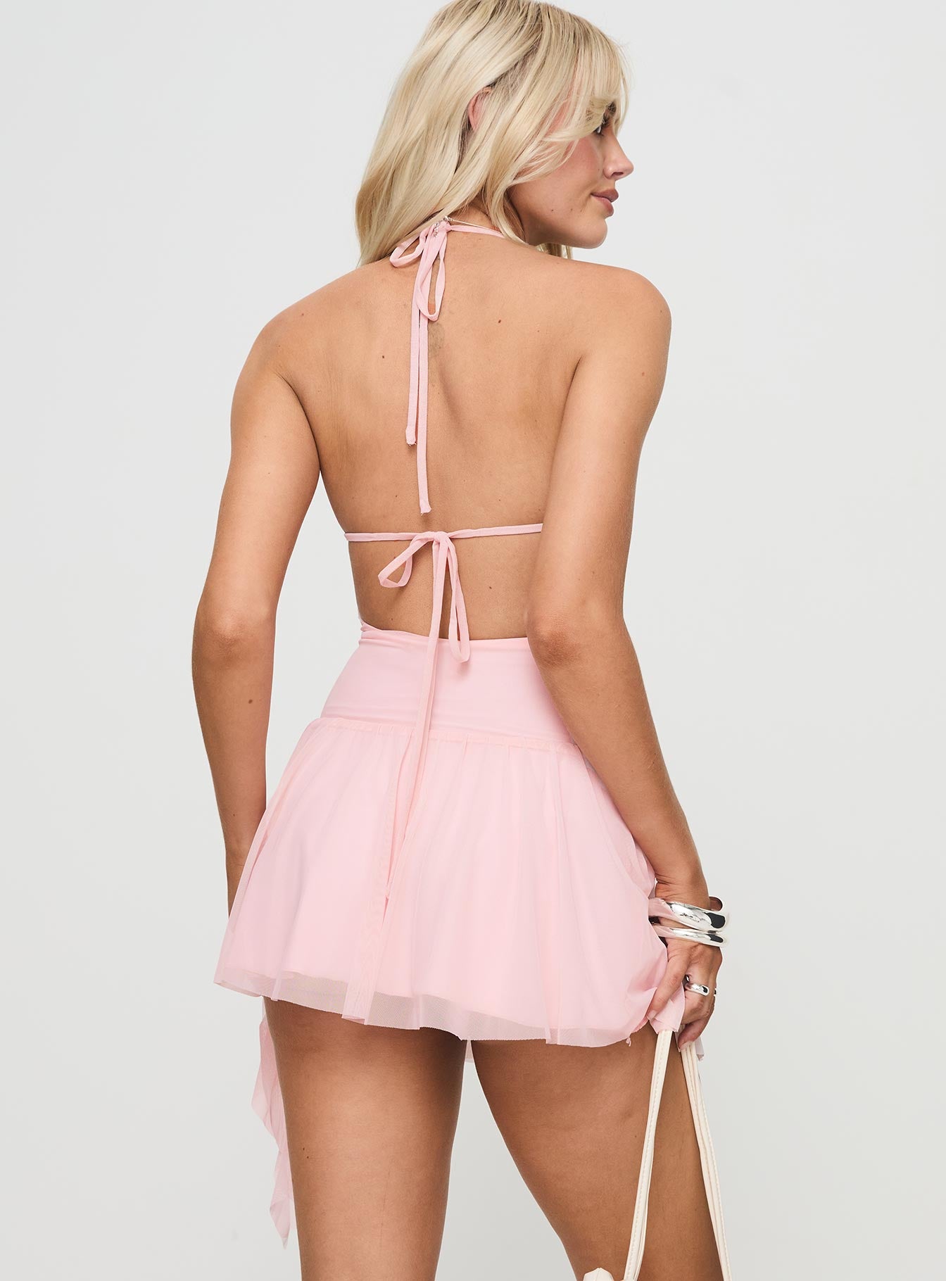 back view of model wearing Princess Polly Helion Mini Dress Pink Square Neck 