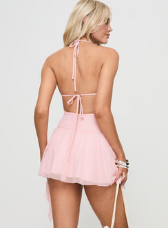 back view of model wearing Princess Polly Helion Mini Dress Pink Square Neck 