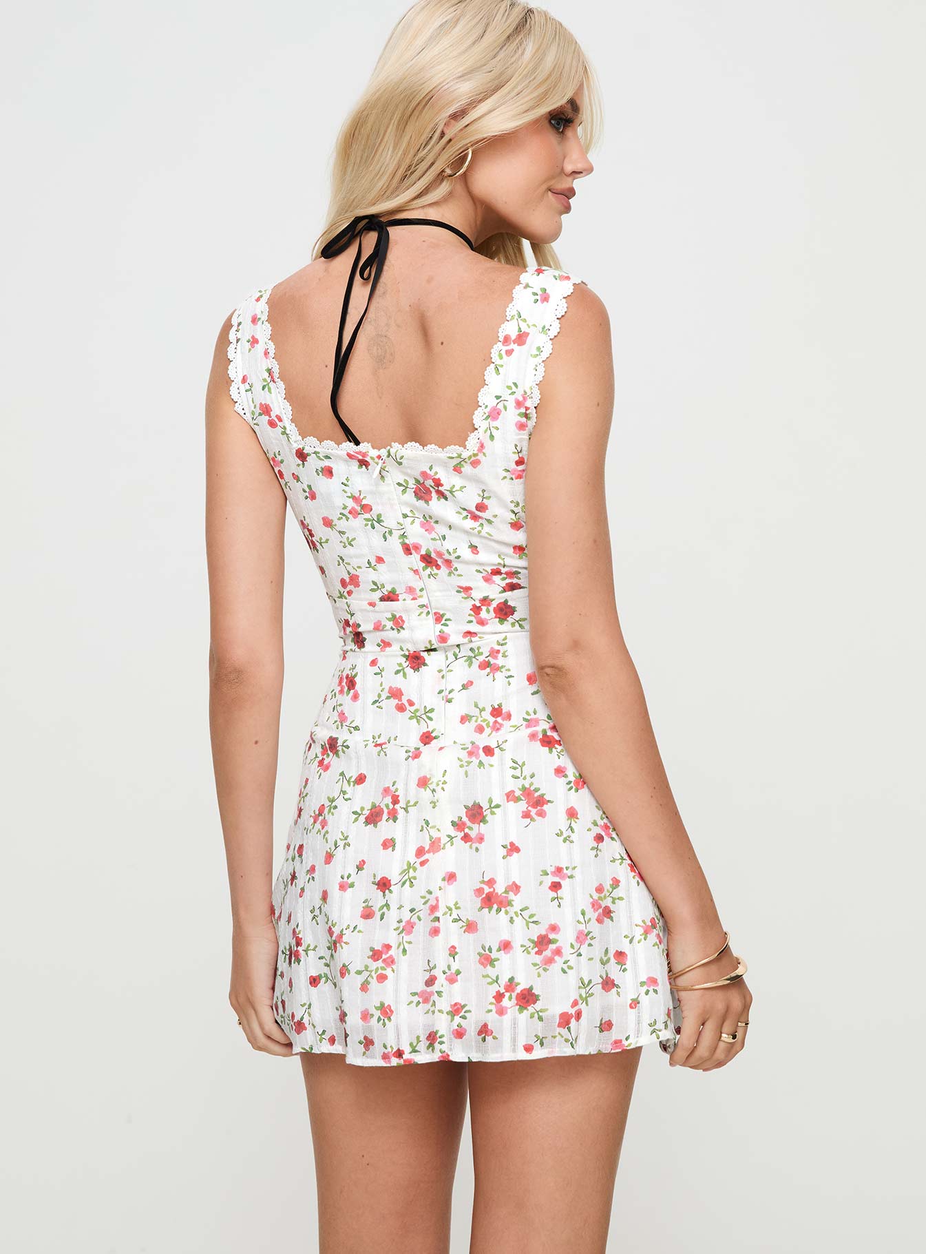 back view of model wearing Princess Polly Dasha Mini Dress White Floral Tall Square Neck 