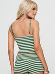 back view of model wearing Princess Polly Miztaray Cami Top Green / Cream Stripe Sleeveless V-Neck 