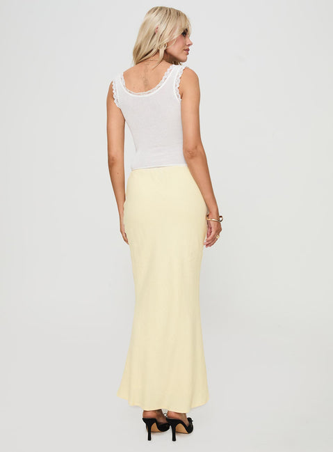 back view of model wearing Princess Polly Mercer Linen Blend Maxi Skirt Lemon Maxi 