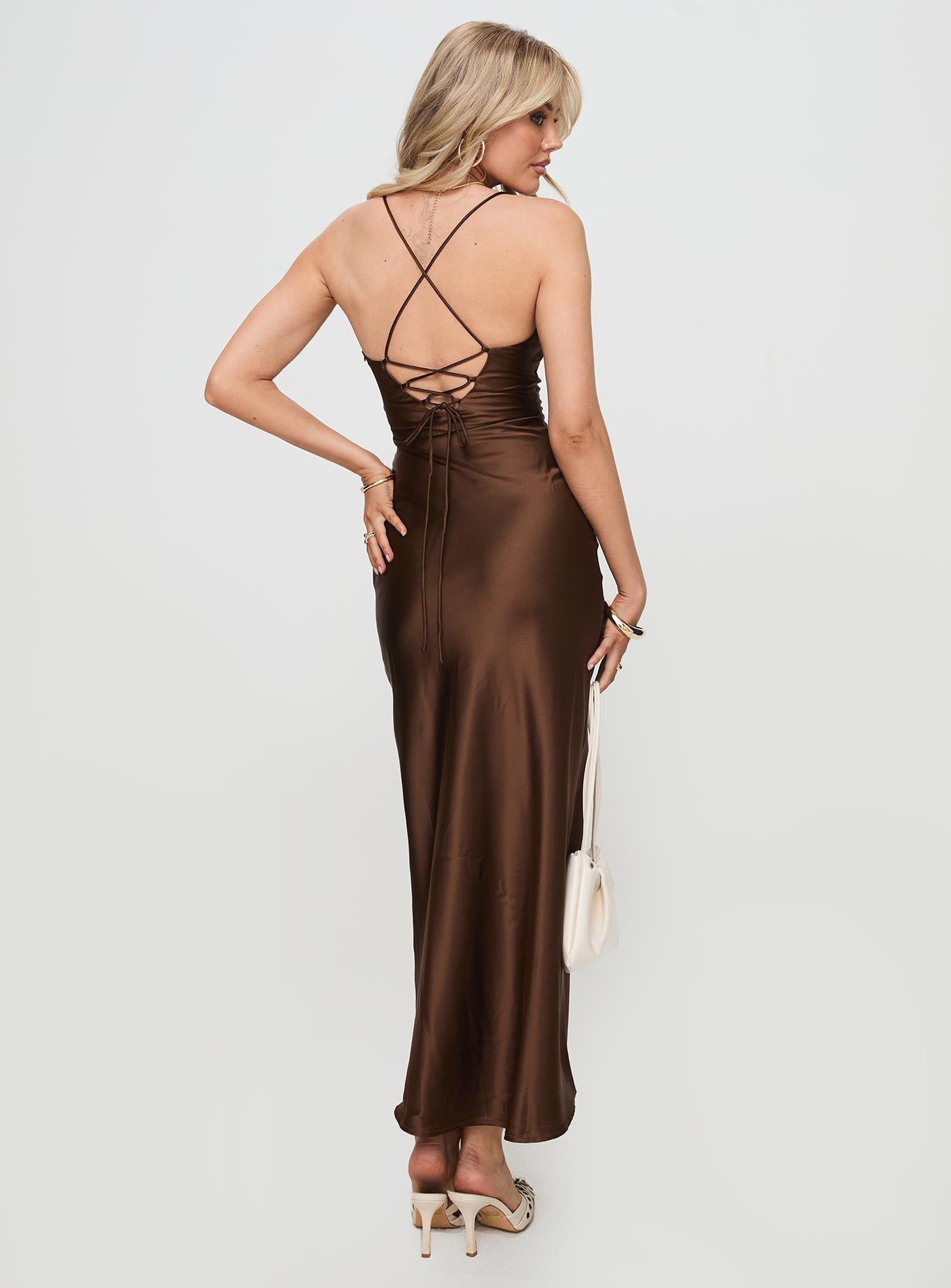 back view of model wearing Princess Polly Kammie Maxi Dress Choc Plunger 