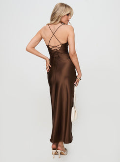 back view of model wearing Princess Polly Kammie Maxi Dress Choc Plunger 