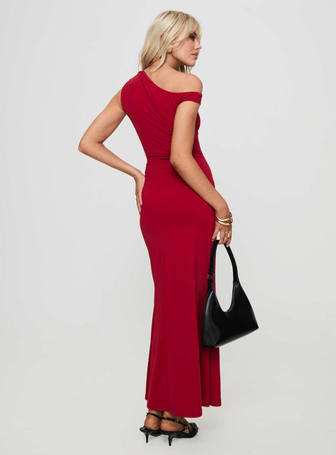 back view of model wearing Princess Polly Beller Maxi Dress Red Asymmetric Neckline 