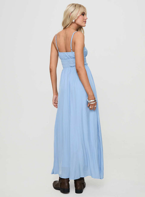 back view of model wearing Princess Polly Jersie Maxi Dress Blue Square Neck 