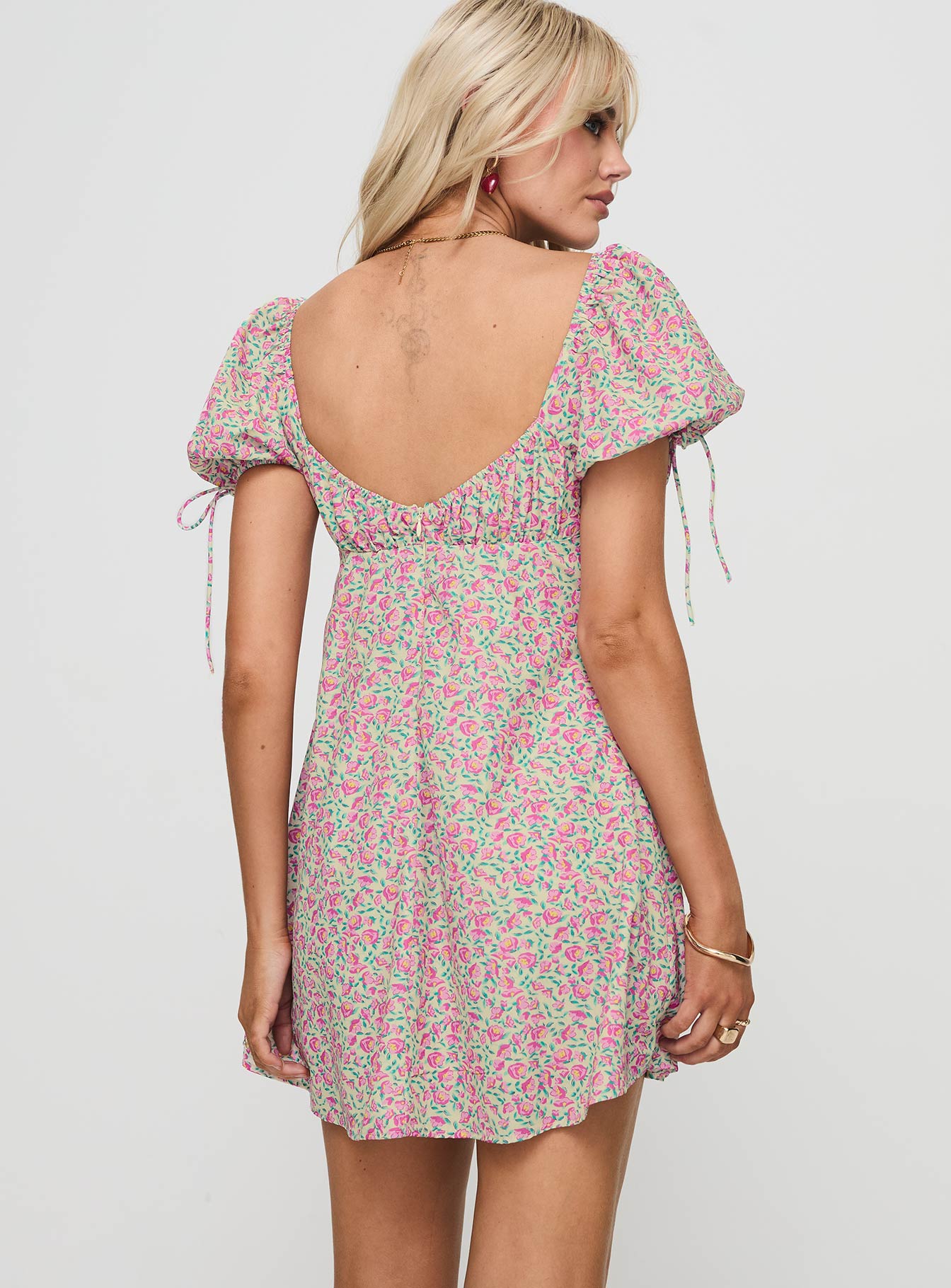 back view of model wearing Princess Polly Larsson Mini Dress Pink Floral Square Neck 