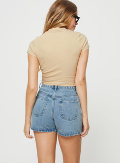 back view of model wearing Princess Polly Shaline Shorts Light Wash Denim High Waisted Shorts 