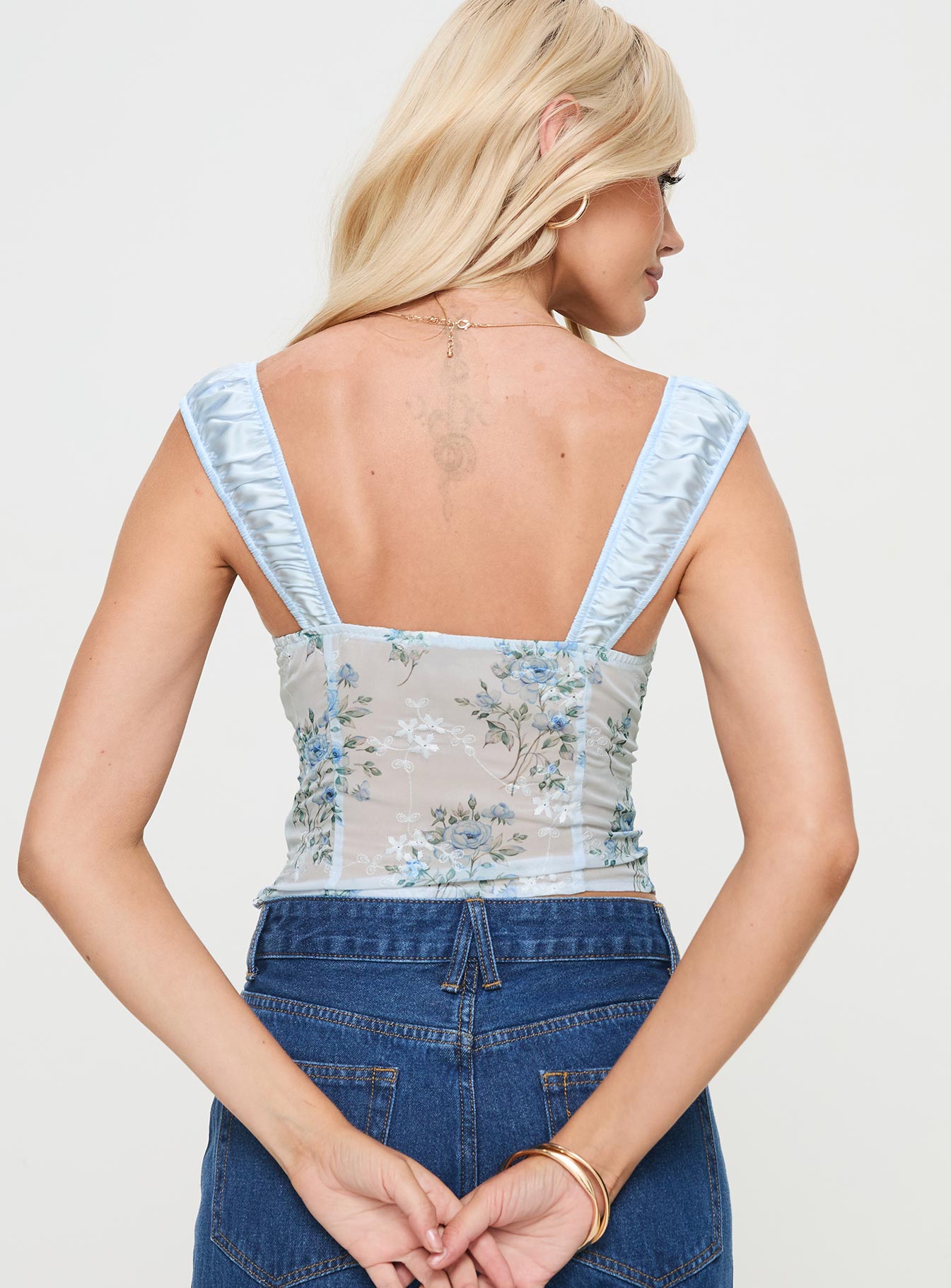 back view of model wearing Princess Polly Mallorca Top Blue Sleeveless Square Neck 