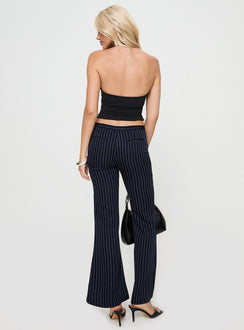 back view of model wearing Princess Polly No One Low Waist Pinstripe Pants Navy Mid Rise 