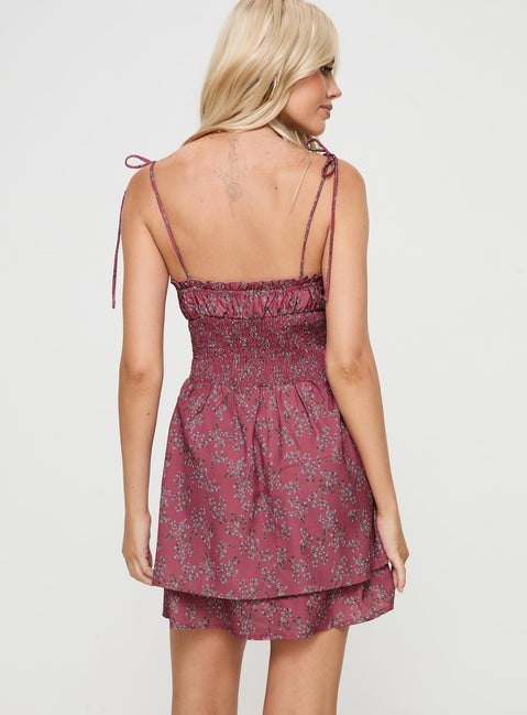 back view of model wearing Princess Polly Benicio Mini Dress Burgundy Floral Square Neck 