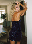 side view of model wearing Princess Polly Eldoni Strapless Mini Dress Navy Straight Neck 