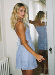 side view of model wearing Princess Polly Celena Mini Dress Light Blue Cowl Neck 