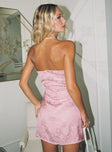 back view of model wearing Princess Polly Ramie Strapless Mini Dress Dusty Pink Tall Straight Neck 