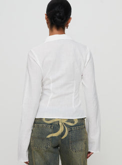 back view of model wearing Princess Polly Foxley Long Sleeve Top White Full Sleeves V-Neck 