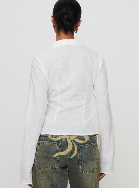 back view of model wearing Princess Polly Foxley Long Sleeve Top White Full Sleeves V-Neck 