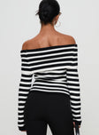 back view of model wearing Princess Polly Danyel Off The Shoulder Sweater Black / White Stripe Long 