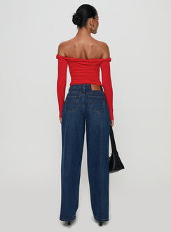 back view of model wearing Princess Polly Naylor Rip Wide Leg Jeans Dark Blue Wash Mid Rise 