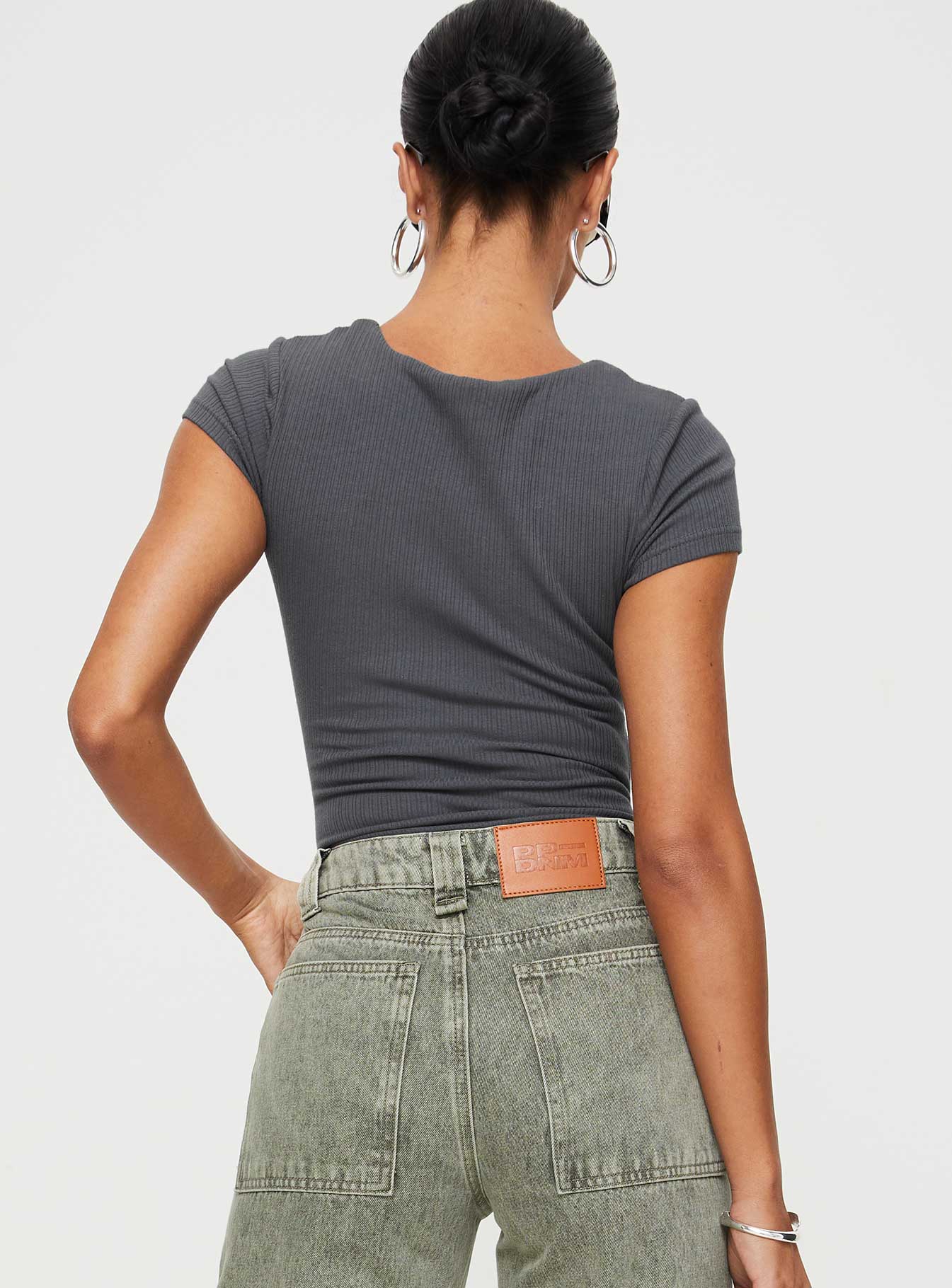 back view of model wearing Princess Polly Nicola Bodysuit Slate Short Sleeves Crew Neck 