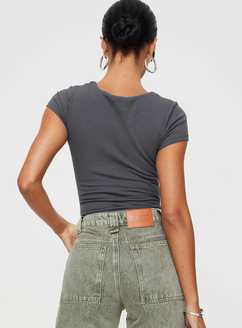 back view of model wearing Princess Polly Nicola Bodysuit Slate Short Sleeves Crew Neck 