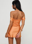 back view of model wearing Princess Polly Zabbarra Off The Shoulder Mini Dress Orange Straight Neck 