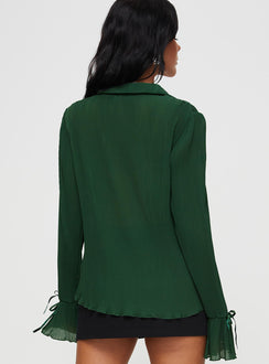 back view of model wearing Princess Polly Ravil Shirt Forest Green Full Sleeves V-Neck 