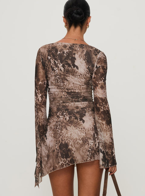 back view of model wearing Princess Polly Suareza Long Sleeve Mini Dress Leopard Sweetheart Neckline 