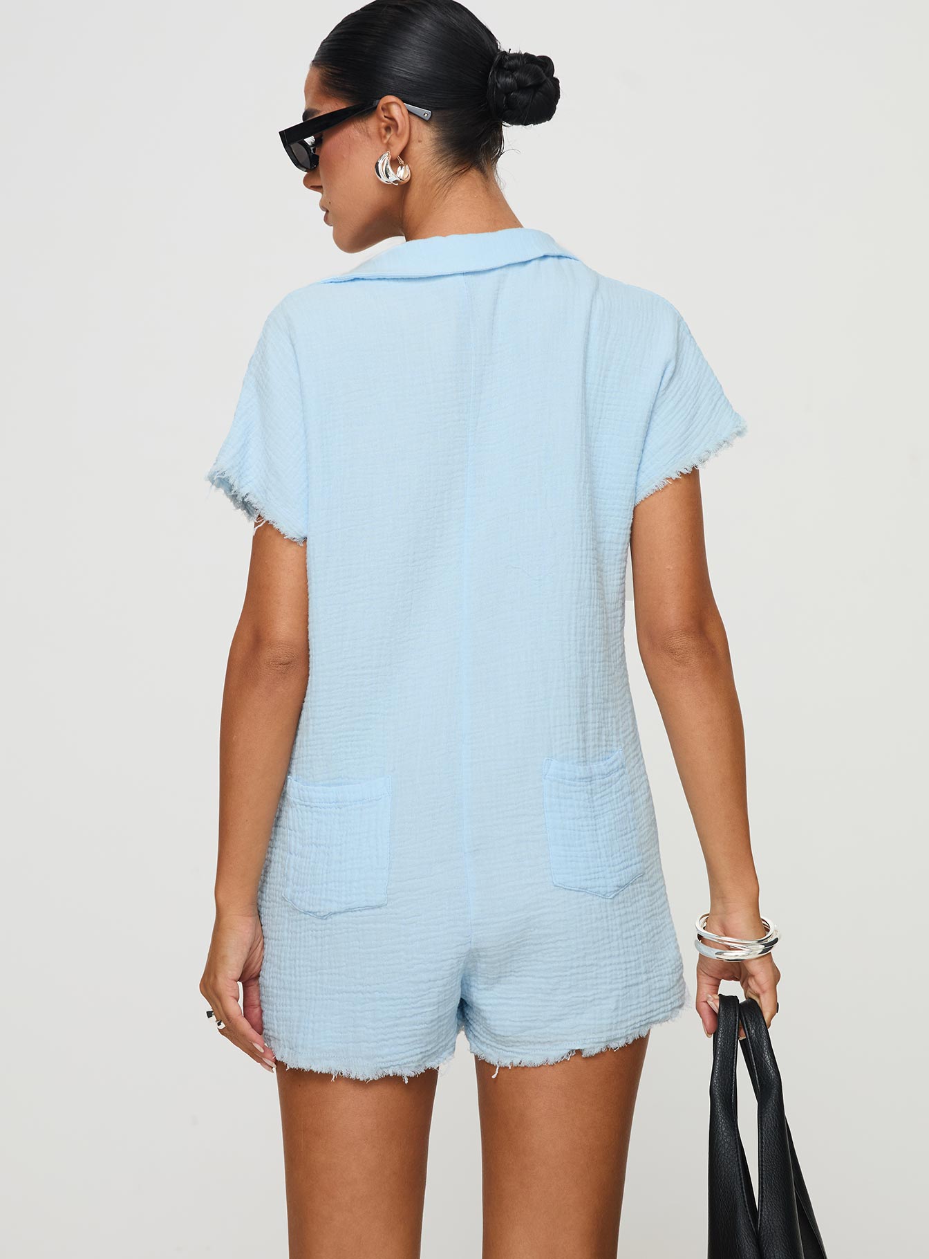 Romper Classic collar, v-neckline, button fastening at front, raw edge hem Non-stretch, fully lined